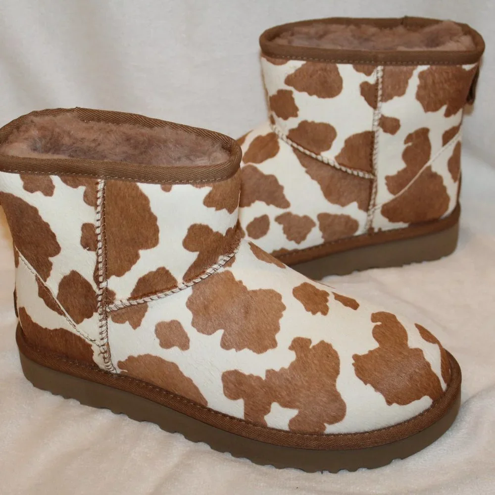 NIB‎ UGG WOMEN'S CALF HAIR PRINT MINI ANKLE BOOTS SAND WHITE